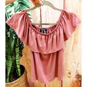 Blush pink suede off shoulder tee 🌿
